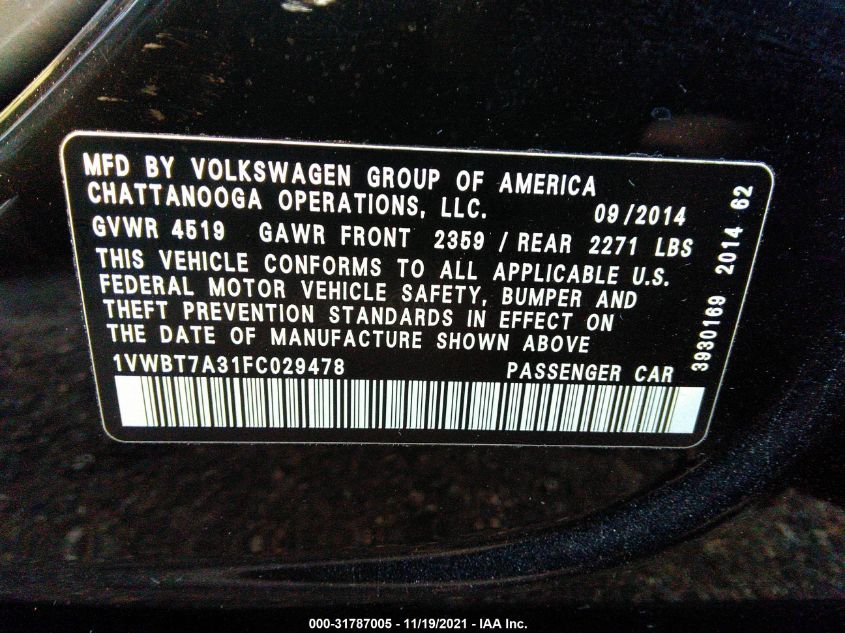 2015 VOLKSWAGEN PASSAT 1.8T SE 1VWBT7A31FC029478