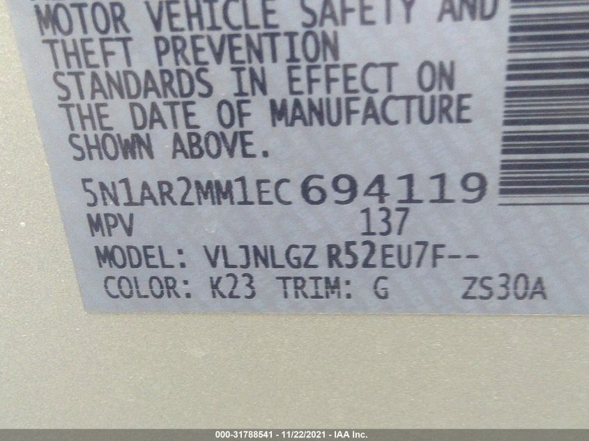 2014 NISSAN PATHFINDER SL 5N1AR2MM1EC694119