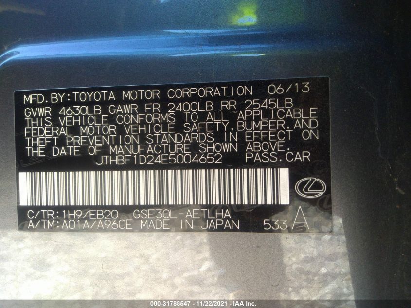 2014 LEXUS IS 250 JTHBF1D24E5004652