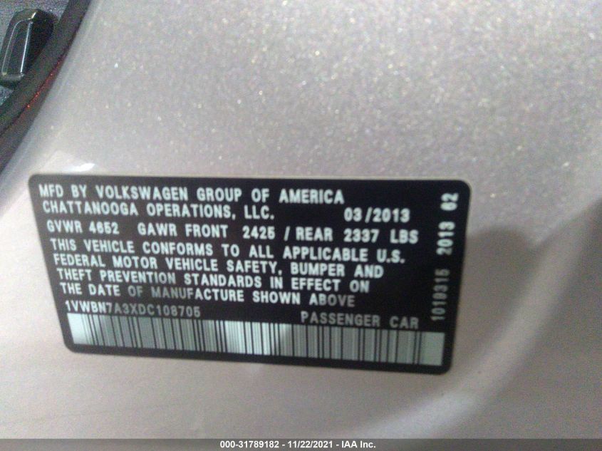 2013 VOLKSWAGEN PASSAT TDI SE W/SUNROOF 1VWBN7A3XDC108705