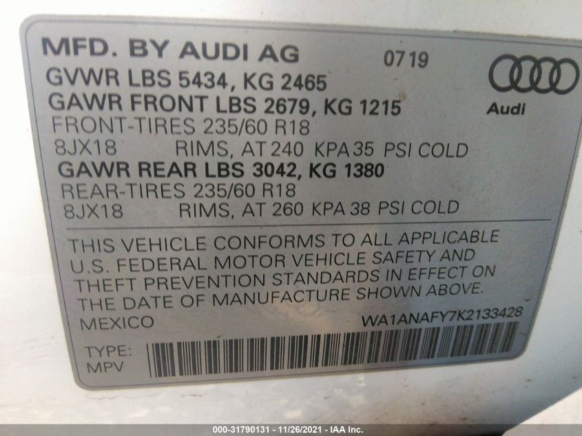 WA1ANAFY7K2133428 2019 AUDI Q5, photo no. 9