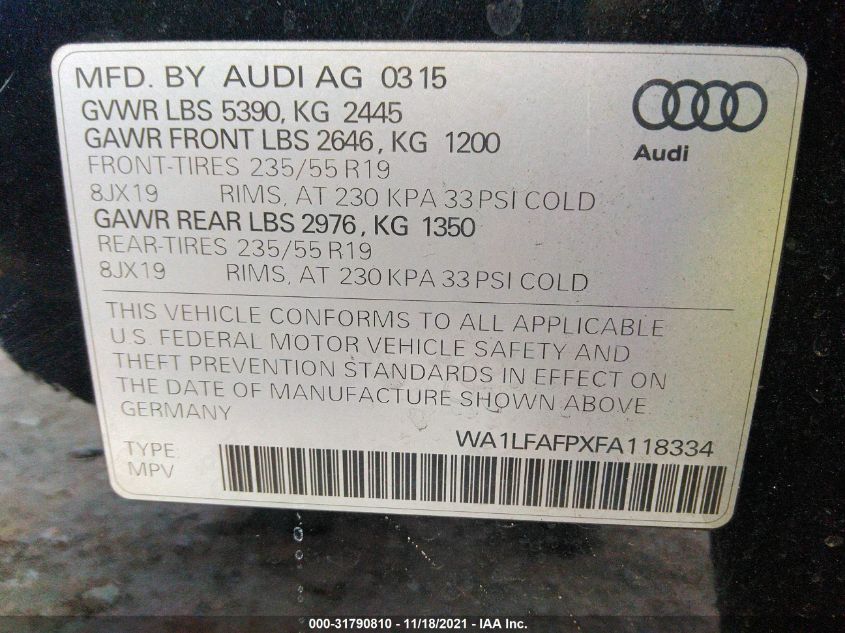 2015 AUDI Q5 PREMIUM PLUS WA1LFAFPXFA118334