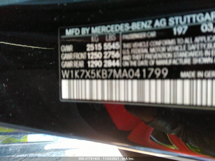 Auction sale of the 2021 MERCEDES BENZ AMG GT , vin: W1K7X5KB7MA041799, lot number: 31791433