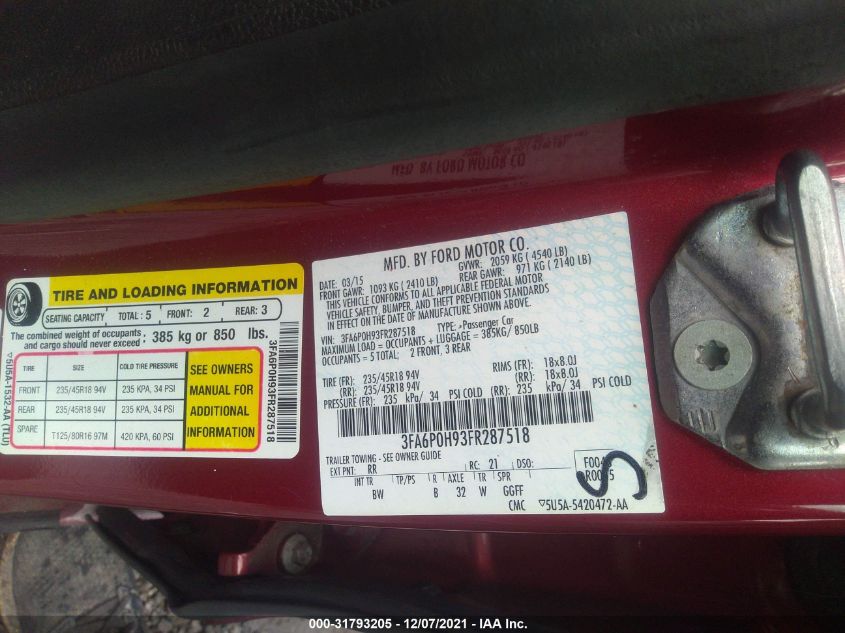 2015 FORD FUSION SE 3FA6P0H93FR287518
