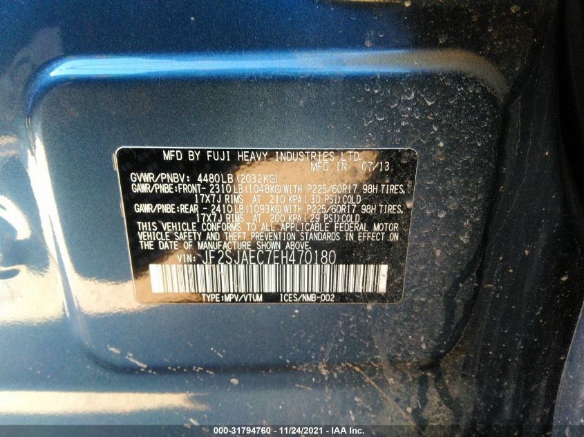 2014 SUBARU FORESTER 2.5I PREMIUM - JF2SJAEC7EH470180