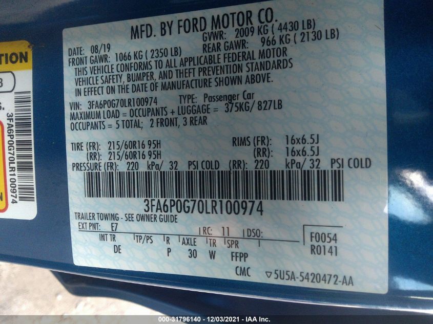 2020 FORD FUSION S 3FA6P0G70LR100974