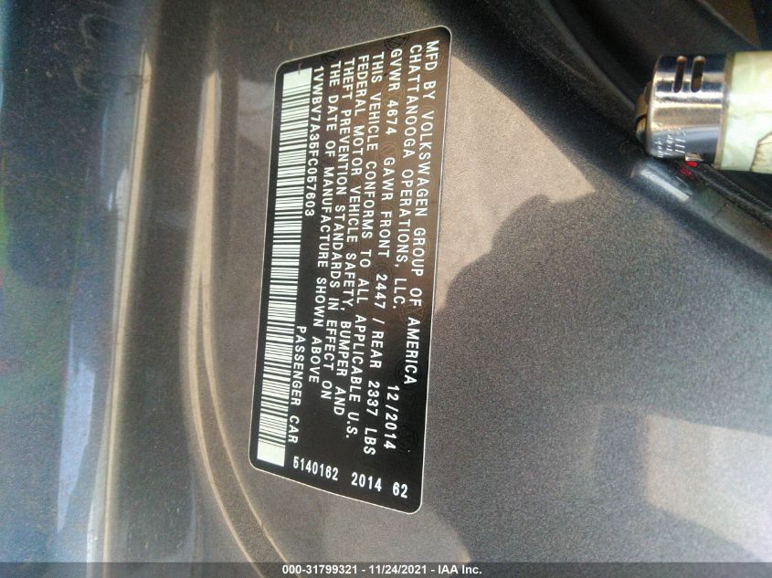 2015 VOLKSWAGEN PASSAT 2.0L TDI SE W 1VWBV7A35FC057603