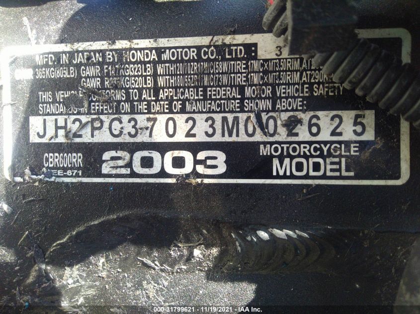 2003 HONDA CBR600 RR JH2PC37023M002625