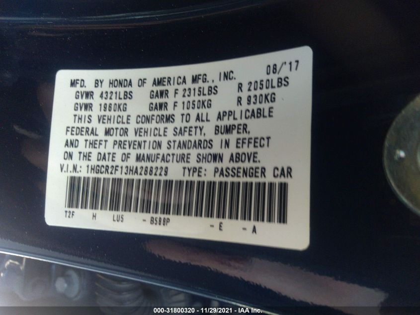 2017 HONDA ACCORD SEDAN SPORT SE 1HGCR2F13HA288229