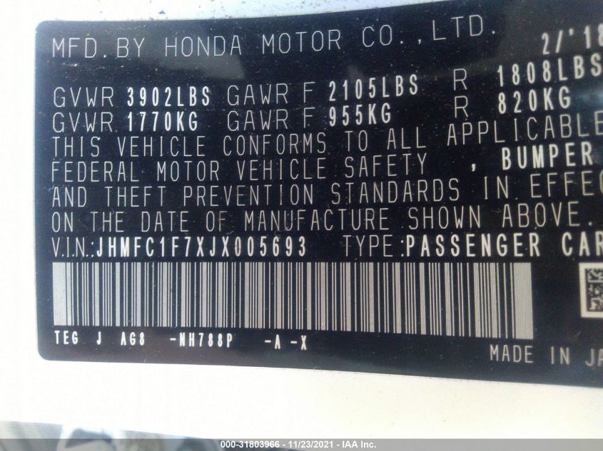 2018 HONDA CIVIC SEDAN EX-L JHMFC1F7XJX005693