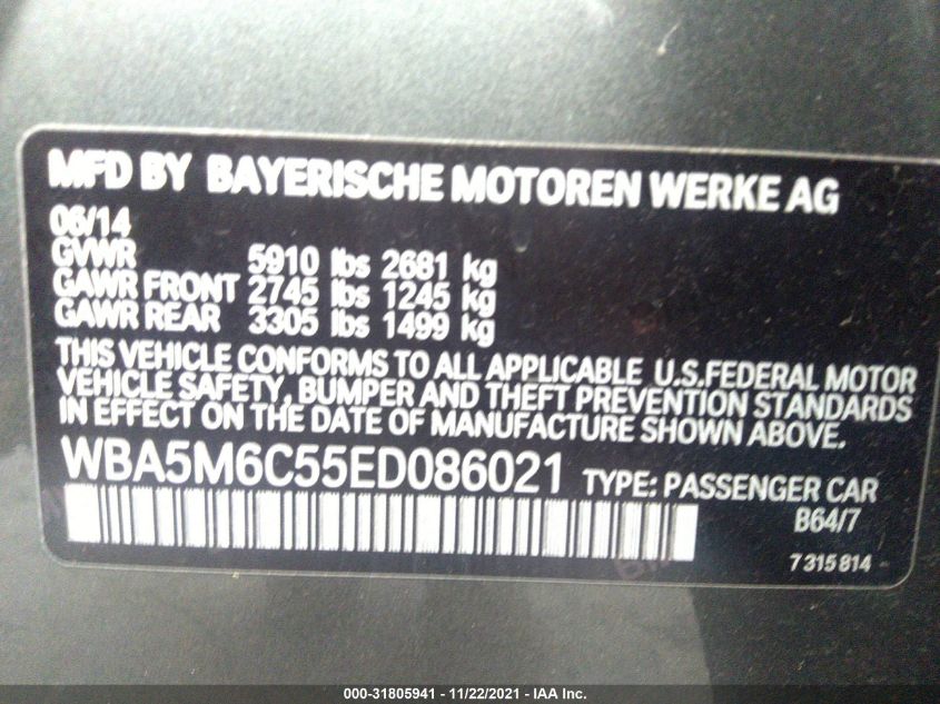 2014 BMW 5 SERIES GRAN TURISMO 550I WBA5M6C55ED086021