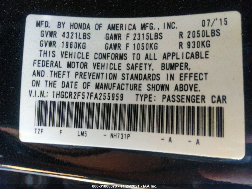 2015 HONDA ACCORD SEDAN SPORT 1HGCR2F57FA255959