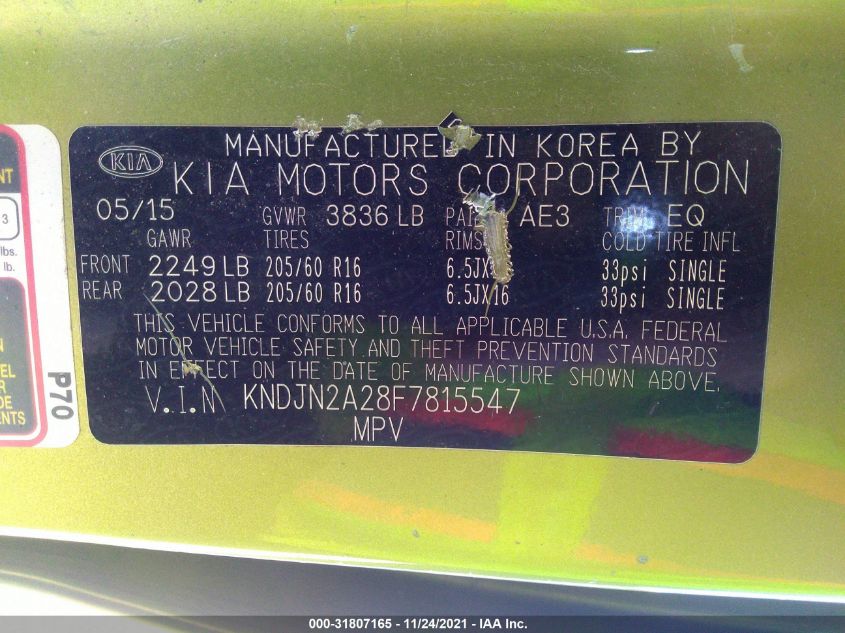 2015 KIA SOUL KNDJN2A28F7815547
