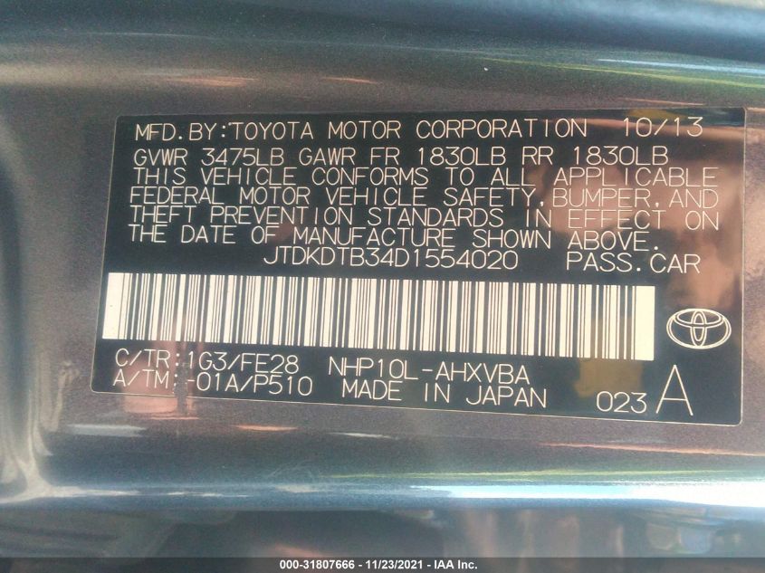 2013 TOYOTA PRIUS C ONE/TWO/THREE/FOUR JTDKDTB34D1554020