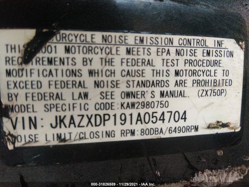 2001 KAWASAKI ZX750 P JKAZXDP191A054704