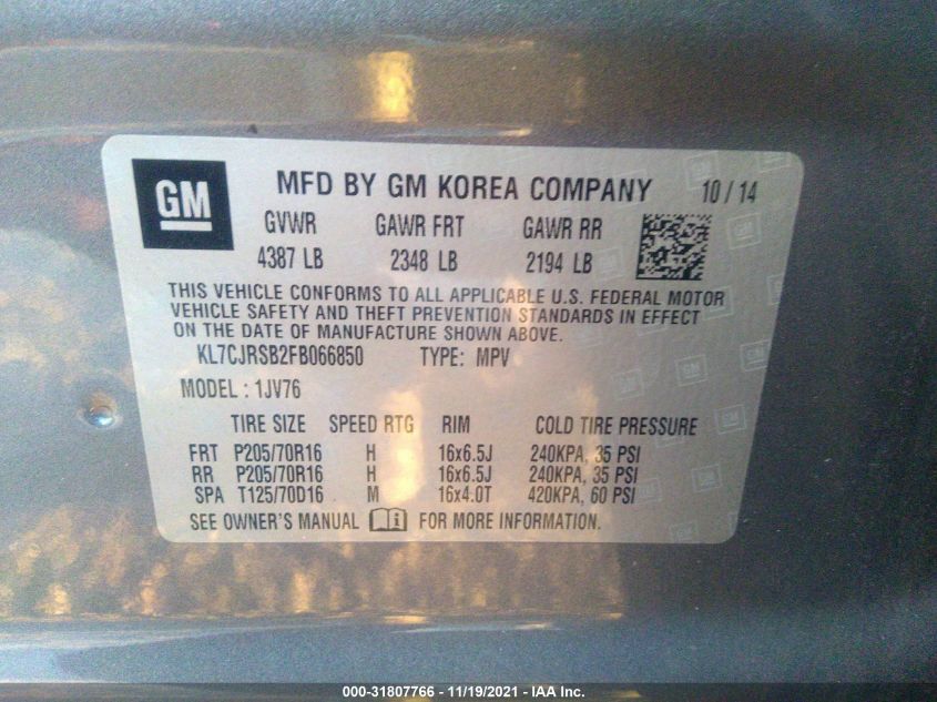 2015 CHEVROLET TRAX LT KL7CJRSB2FB066850