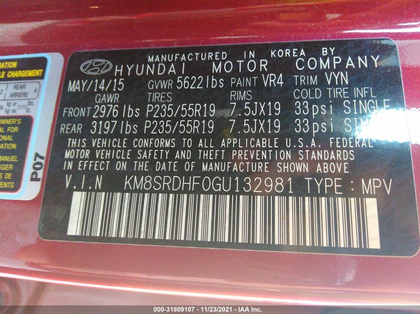 2016 HYUNDAI SANTA FE LIMITED KM8SRDHF0GU132981