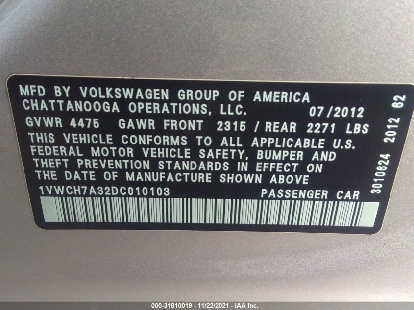 2013 VOLKSWAGEN PASSAT SEL 1VWCH7A32DC010103
