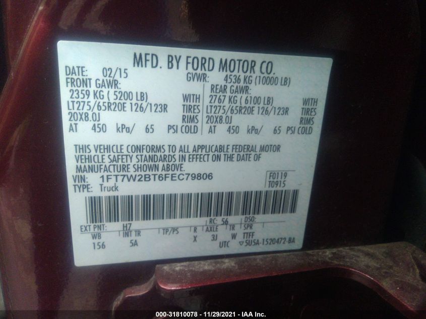 2015 FORD SUPER DUTY F-250 SRW LARIAT/PLATINUM 1FT7W2BT6FEC79806