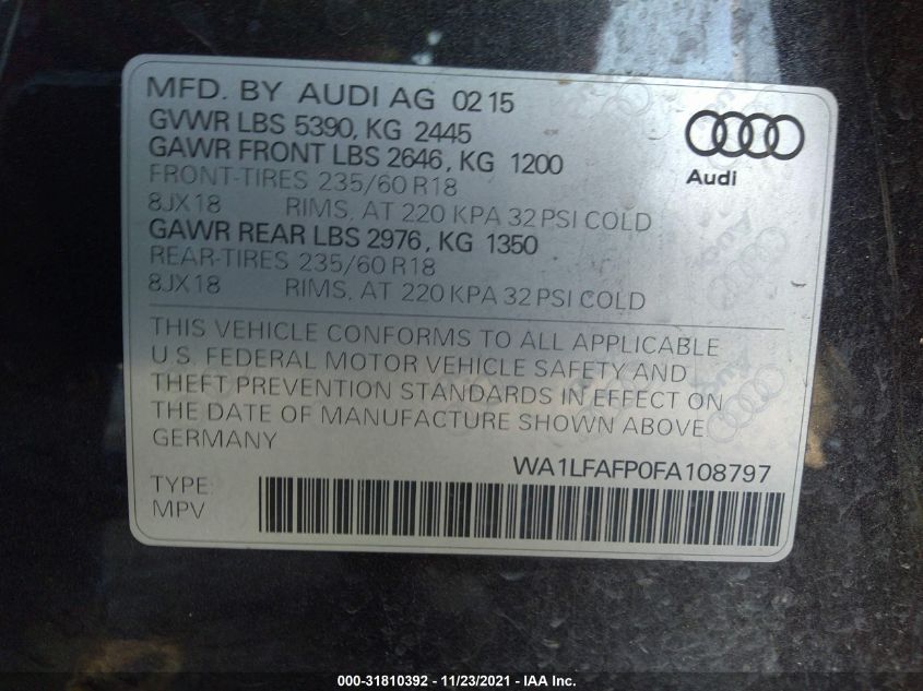 2015 AUDI Q5 PREMIUM PLUS WA1LFAFP0FA108797