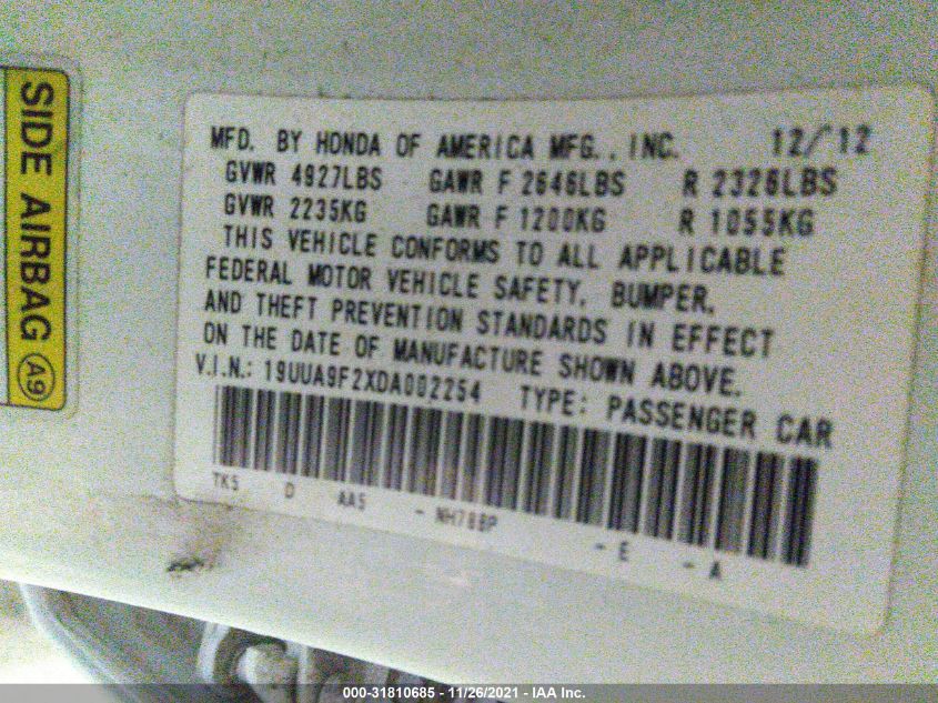 2013 ACURA TL 19UUA9F2XDA002254
