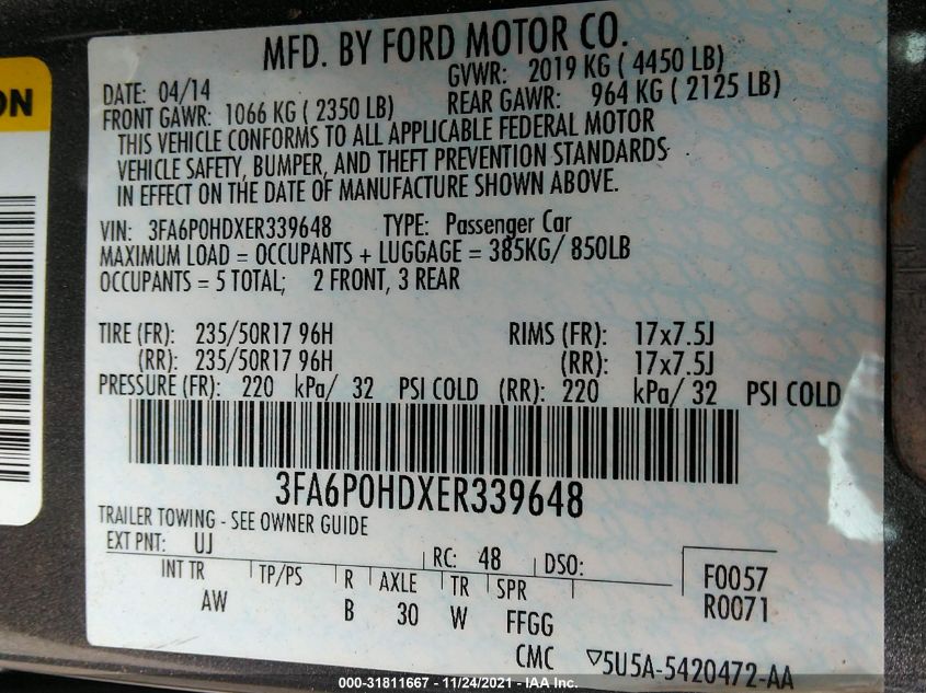 2014 FORD FUSION SE 3FA6P0HDXER339648
