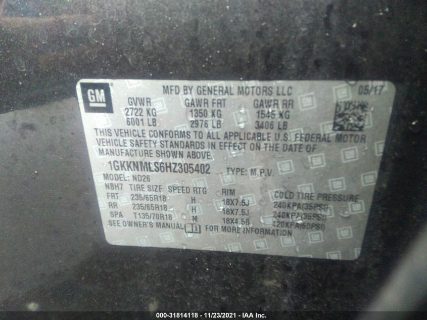 2017 GMC ACADIA SLT 1GKKNMLS6HZ305402