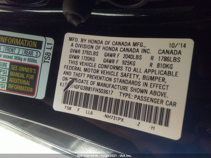 2015 HONDA CIVIC COUPE EX 2HGFG3B81FH503617