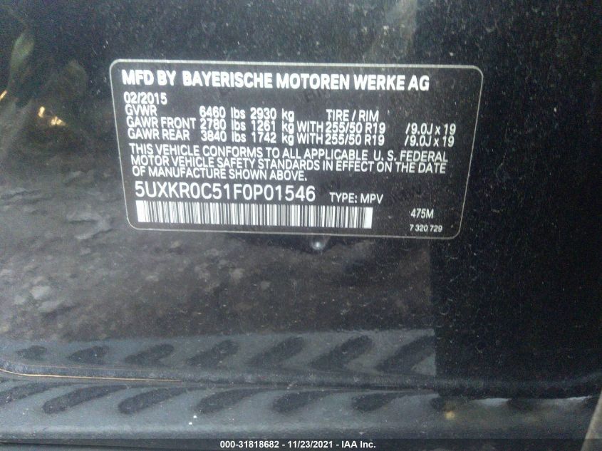 2015 BMW X5 XDRIVE35I 5UXKR0C51F0P01546