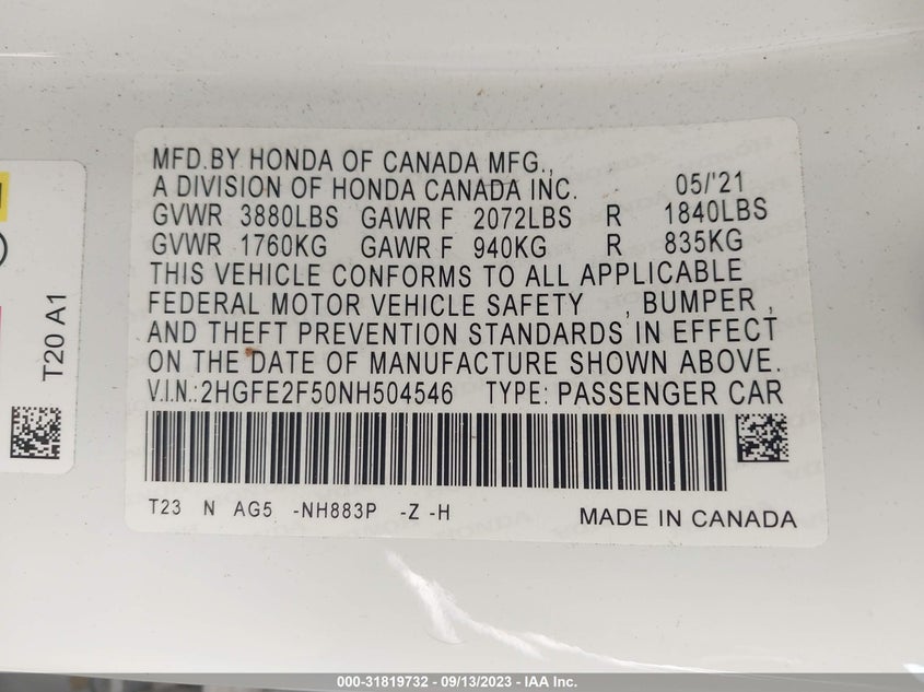 VIN 2HGFE2F50NH504546 2022 HONDA CIVIC SEDAN SPORT