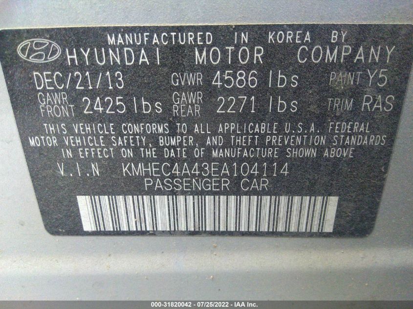 2014 HYUNDAI SONATA HYBRID LIMITED KMHEC4A43EA104114