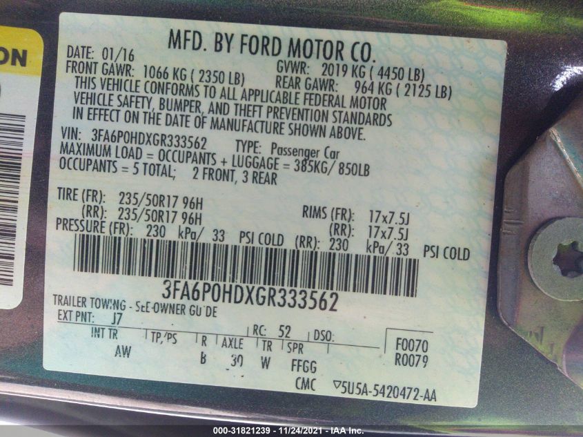2016 FORD FUSION SE 3FA6P0HDXGR333562