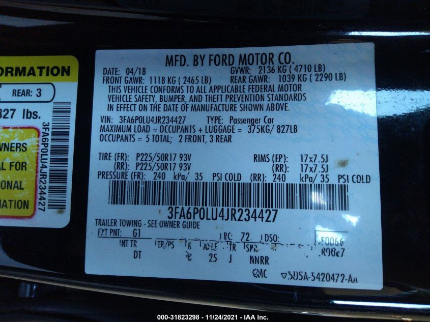 2018 FORD FUSION HYBRID SE 3FA6P0LU4JR234427