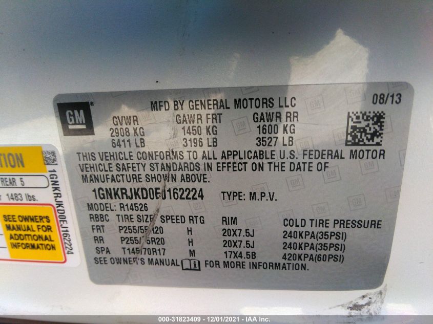 2014 CHEVROLET TRAVERSE LTZ 1GNKRJKD0EJ162224