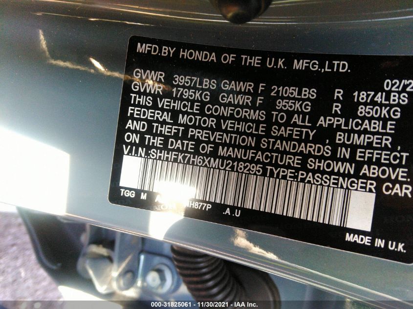 2021 HONDA CIVIC HATCHBACK EX SHHFK7H6XMU218295