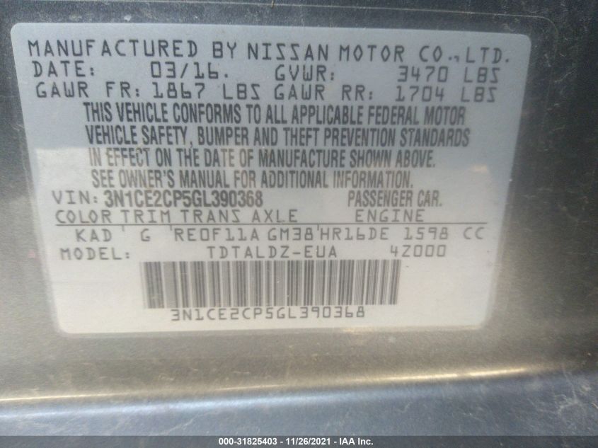 2016 NISSAN VERSA NOTE SV 3N1CE2CP5GL390368