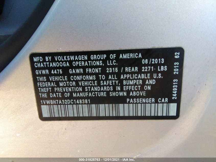 2013 VOLKSWAGEN PASSAT SE W/SUNROOF 1VWBH7A32DC148381