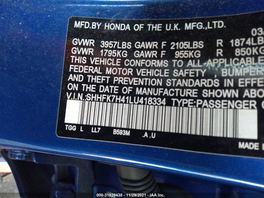 2020 HONDA CIVIC HATCHBACK SPORT SHHFK7H41LU418334