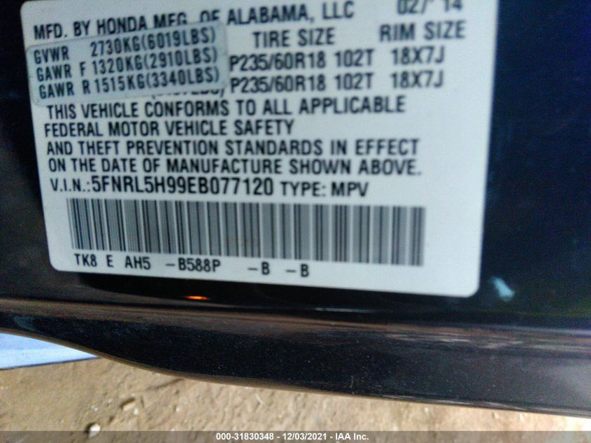 2014 HONDA ODYSSEY TOURING 5FNRL5H99EB077120