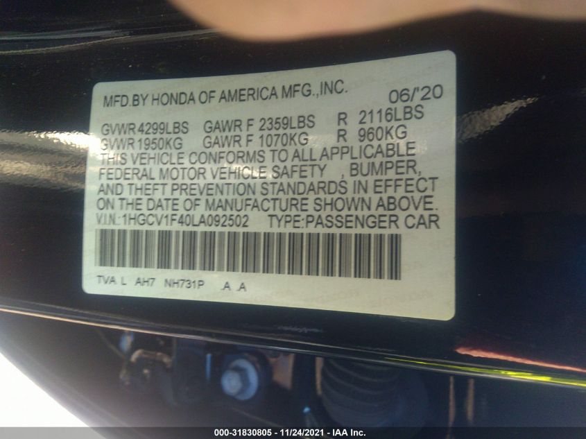 2020 HONDA ACCORD SEDAN EX 1HGCV1F40LA092502