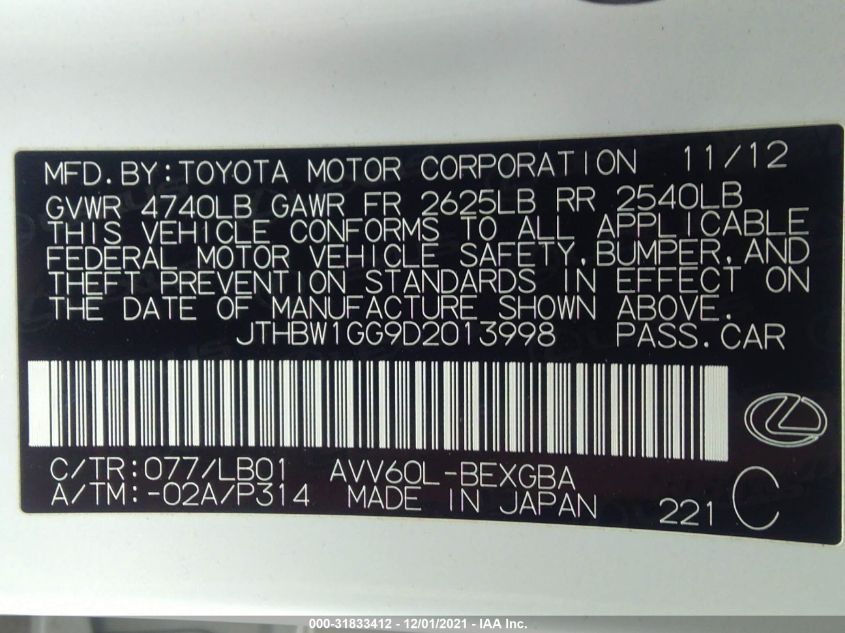 2013 LEXUS ES 300H HYBRID JTHBW1GG9D2013998