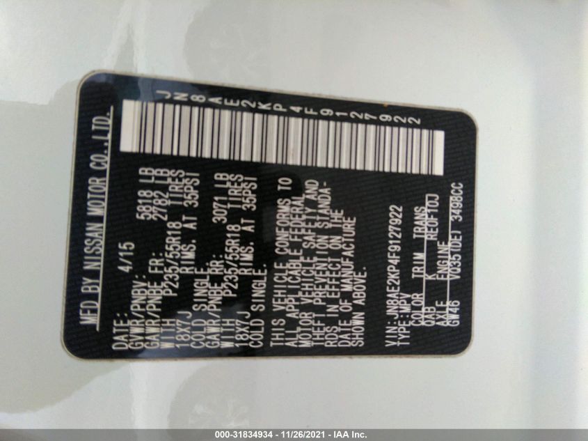 2015 NISSAN QUEST SL JN8AE2KP4F9127922