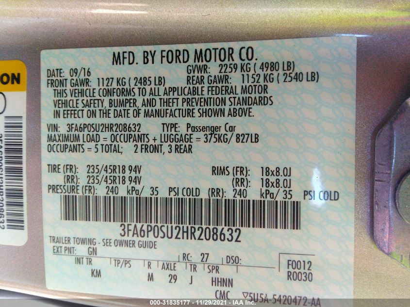 2017 FORD FUSION ENERGI TITANIUM/PLATINUM 3FA6P0SU2HR208632
