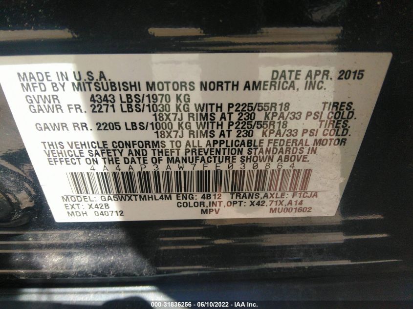 2015 MITSUBISHI OUTLANDER SPORT 2.4 ES 4A4AP3AW7FE030864