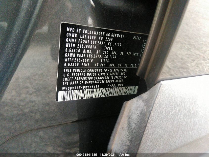 2013 VOLKSWAGEN TIGUAN S WVGBV3AX4DW595456