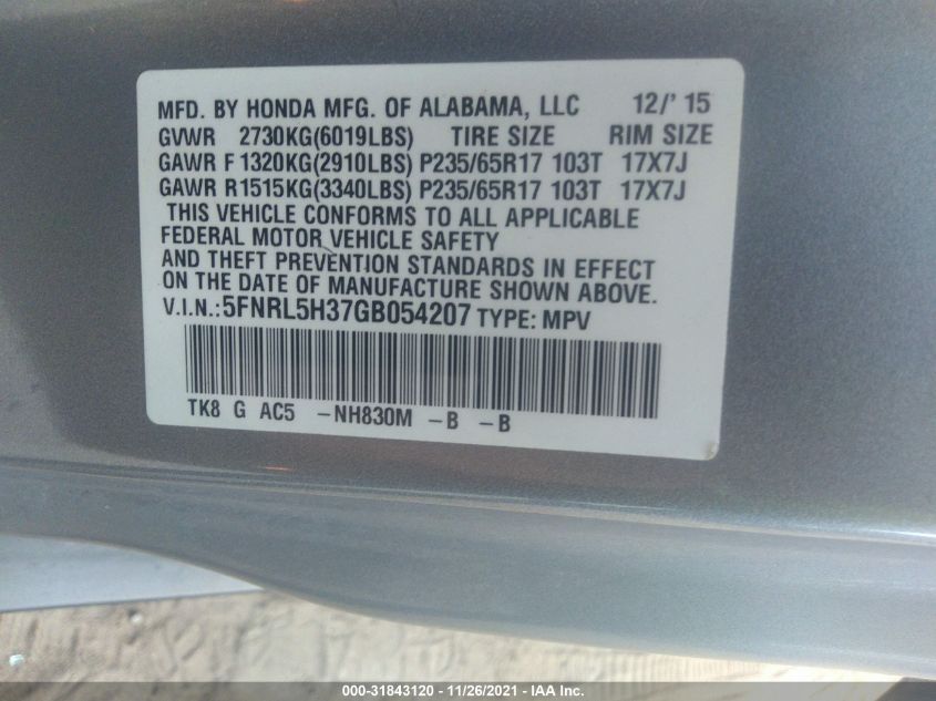 2016 HONDA ODYSSEY SE 5FNRL5H37GB054207