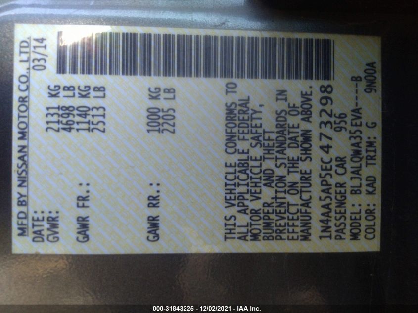 2014 NISSAN MAXIMA 3.5 S 1N4AA5AP5EC473298