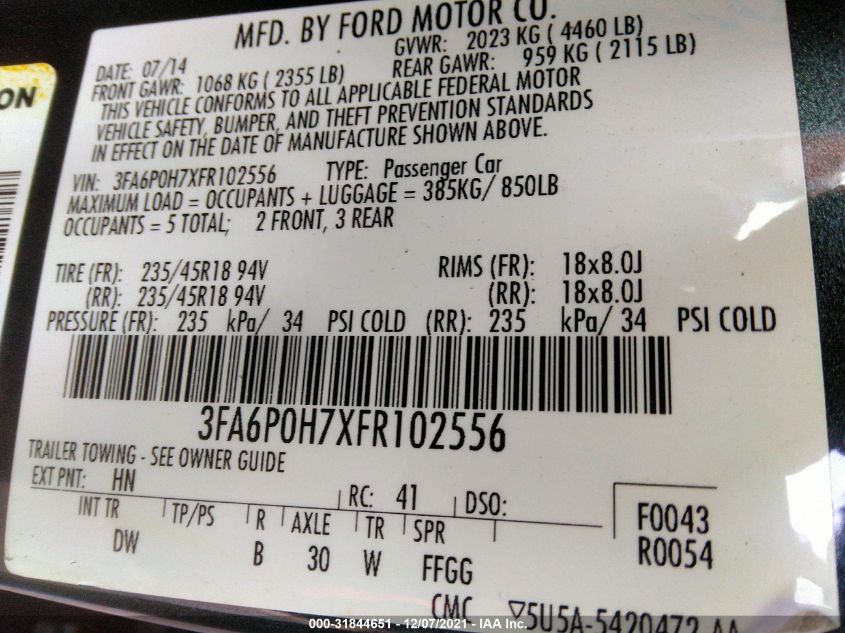 2015 FORD FUSION SE 3FA6P0H7XFR102556