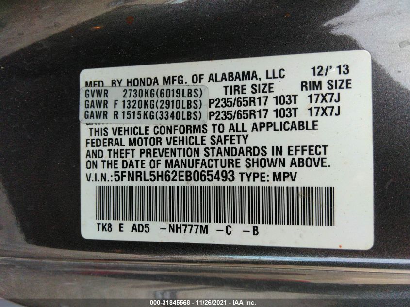 2014 HONDA ODYSSEY EX-L 5FNRL5H62EB065493