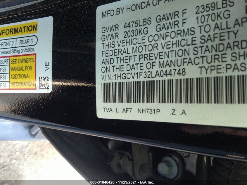 2020 HONDA ACCORD SEDAN SPORT 1HGCV1F32LA044748